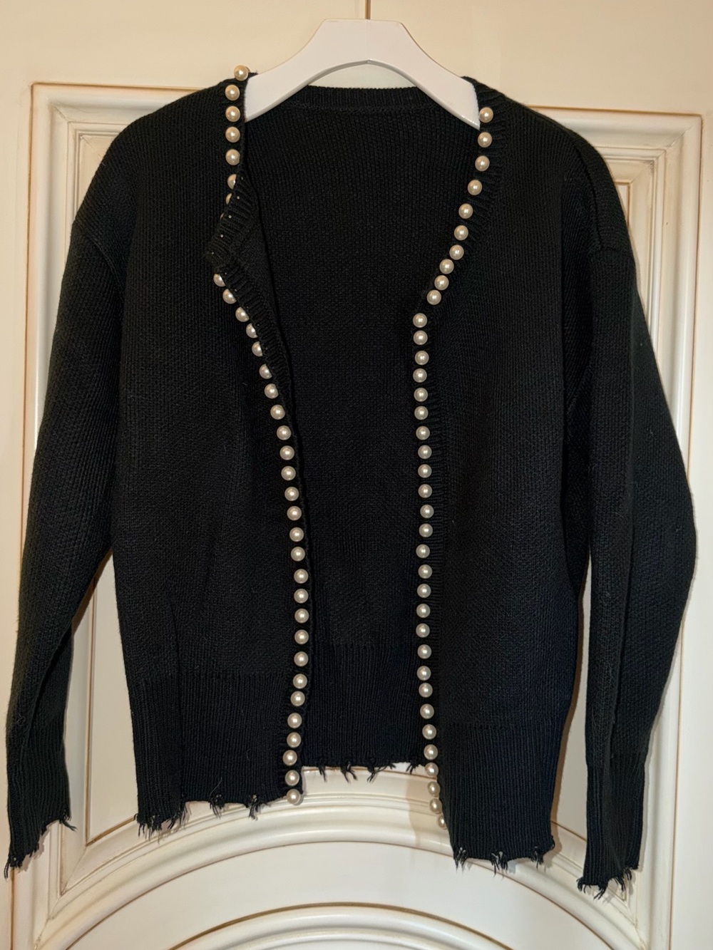 SHEIN Black Open Pearl-Trim Cardigan